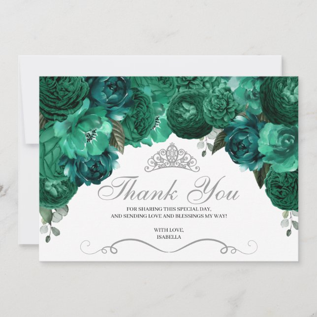 Emerald Green Floral Quinceanera Thank You  Card (Front)