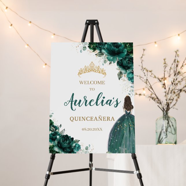 Emerald Green Floral Quinceañera Tiara Welcome   Foam Board (In Situ (Stand))