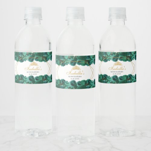 Emerald Green Floral Quinceanera Water Bottle Label