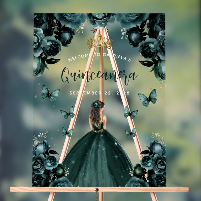 Emerald Green Floral Quinceañera Welcome Acrylic Sign (Neutral)