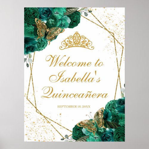 Emerald Green Floral Quinceanera Welcome Sign