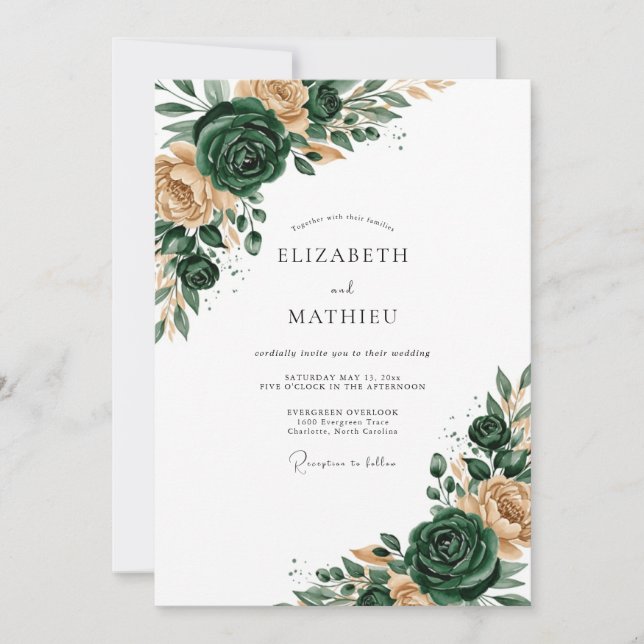 Emerald Green Floral Romance Wedding Invitation (Front)