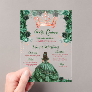 Emerald Green Floral Rose Gold Crown Mis Quince Acrylic Invitations