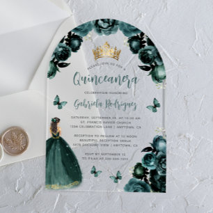 Emerald Green Floral Roses Watercolor Quinceañera Acrylic Invitations
