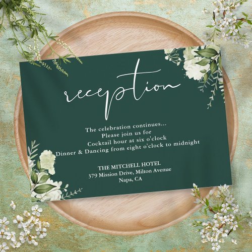 Emerald Green Floral Script Wedding Reception Enclosure Card