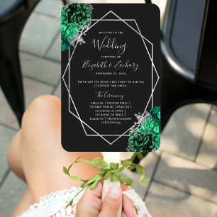 Emerald Green Floral Silver Black Wedding Program Hand Fan