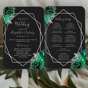 Emerald Green Floral Silver Black Wedding Program Hand Fan