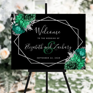 Emerald Green Floral Silver Black Wedding Welcome Foam Board
