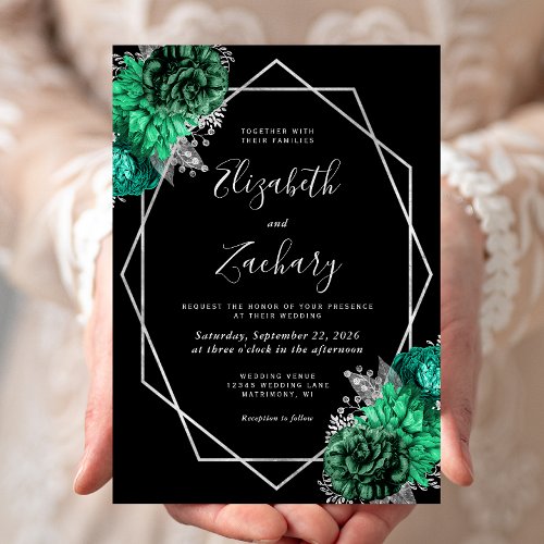 Emerald Green Floral Silver Frame Black Wedding Invitation
