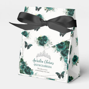 Emerald Green Floral Silver Quinceañera Butterfly Favor Boxes