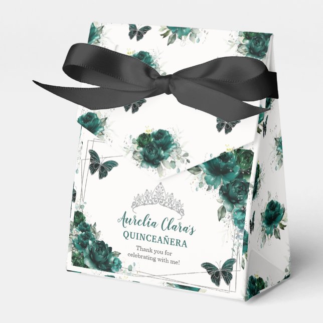 Emerald Green Floral Silver Quinceañera Butterfly Favor Boxes (Front Side)