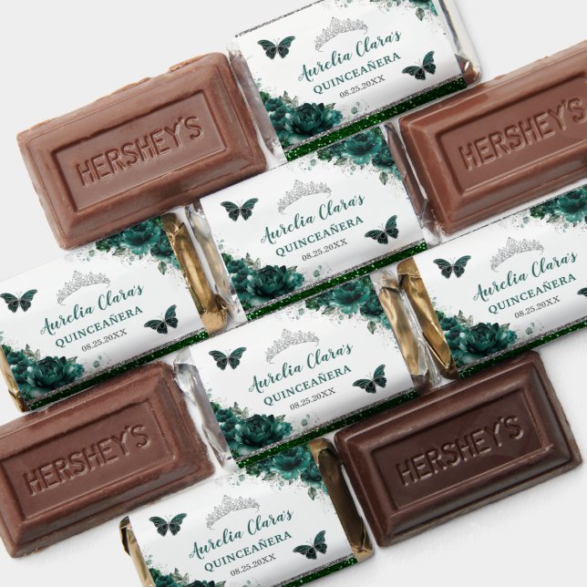 Emerald Green Floral Silver Quinceañera Butterfly Hershey's Miniatures (Assorted)
