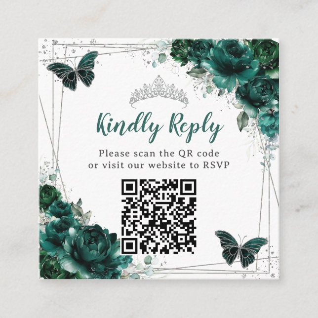 Emerald Green Floral Silver Quinceañera QR Code Enclosure Card (Front)