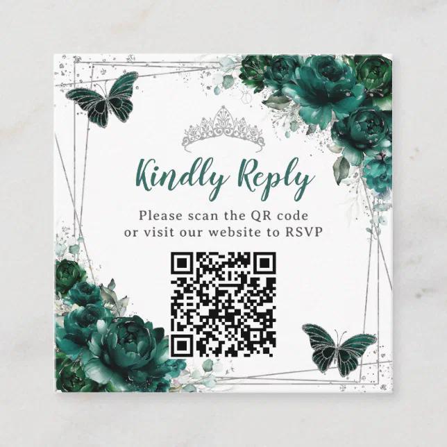 Emerald Green Floral Silver Quinceañera QR Code Enclosure Card Zazzle