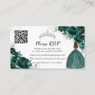 Emerald Green Floral Silver Quinceañera QR Code Enclosure Card