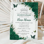 Emerald Green Floral Silver Quinceañera Sweet 16 Invitation<br><div class="desc">Personalize this elegant emerald green floral Quinceañera / Sweet 16 birthday invitation easily and quickly. Simply click the customize it further button to edit the texts, change fonts and fonts colors. Featuring emerald green roses and silver butterflies. Matching items available in store. (c) Somerset Fine Paperie by The Happy Cat...</div>