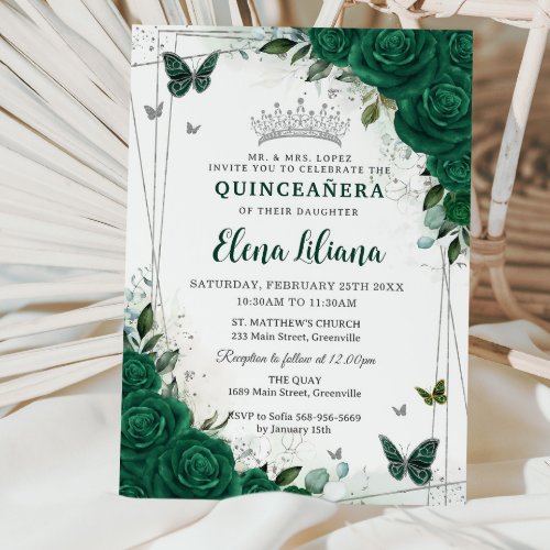 Emerald Green Floral Silver Quinceaera Sweet 16 Invitation