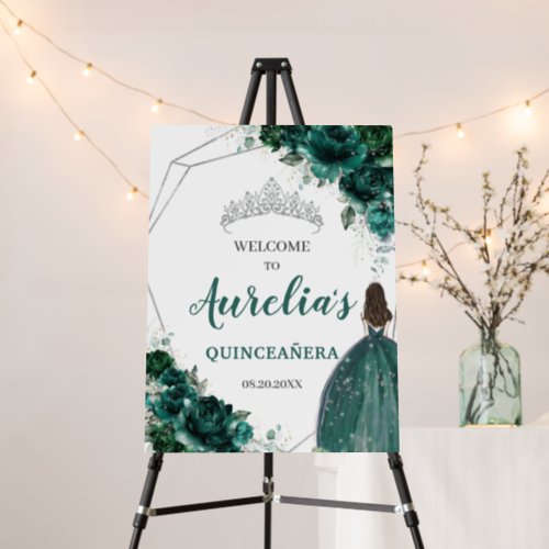 Emerald Green Floral Silver Quinceaera Welcome Fo Foam Board