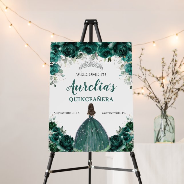 Emerald Green Floral Silver Quinceañera Welcome Fo Foam Board (In Situ (Stand))