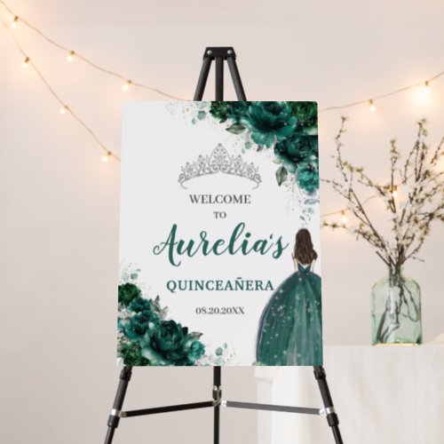 Emerald Green Floral Silver Quinceaera Welcome  Foam Board