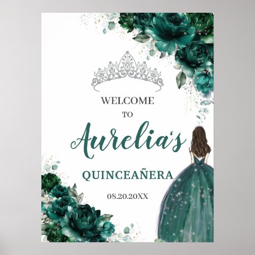 Emerald Green Floral Silver Quinceaera Welcome  Poster