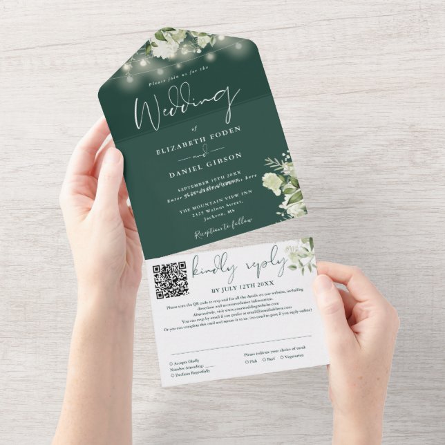 Emerald Green Floral String Lights QR Code Wedding All In One Invitation (Tearaway)