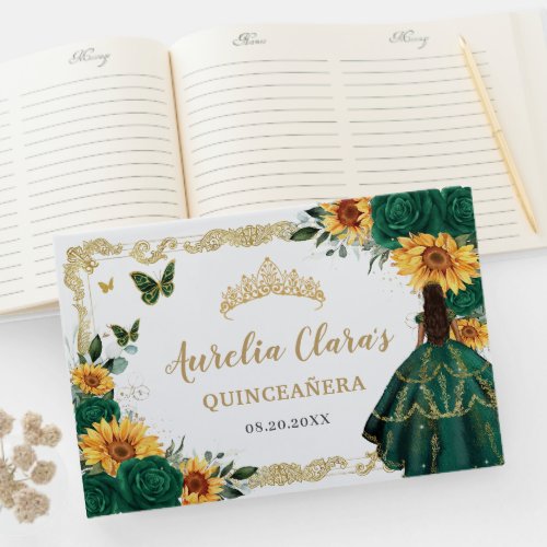 Emerald Green Floral Sunflowers Gold Quinceaera Guest Book