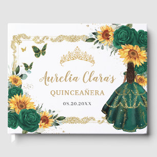 Emerald Green Floral Sunflowers Gold Quinceañera Guest Book