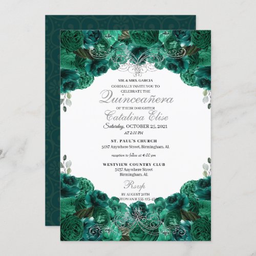 Emerald Green Floral Sweet 15 Quinceanera Invitation