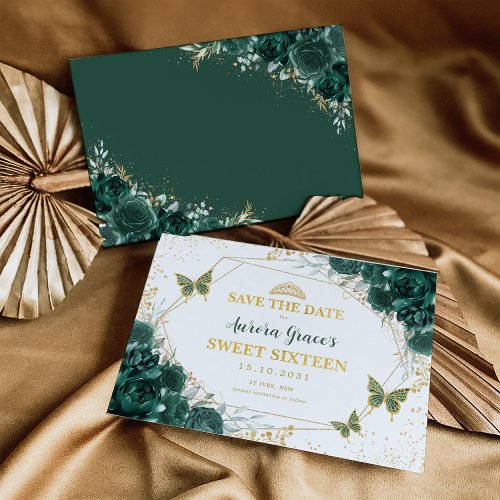 Emerald Green Floral Sweet Sixteen Save the Date Announcement