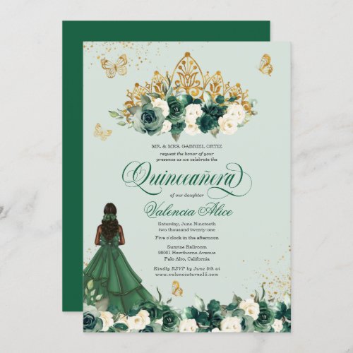 Emerald Green Floral Tiara  Butterfly Quinceanera Invitation