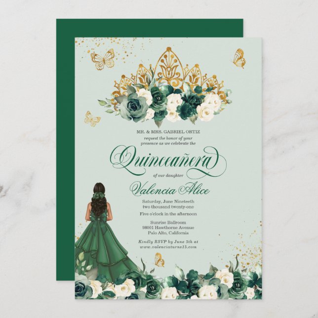Emerald Green Floral Tiara + Butterfly Quinceanera Invitation (Front/Back)