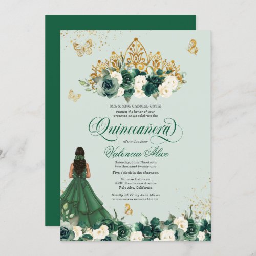 Emerald Green Floral Tiara  Butterfly Quinceanera Invitation
