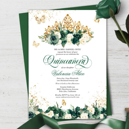 Emerald Green Floral Tiara   Butterfly Quinceanera Invitation