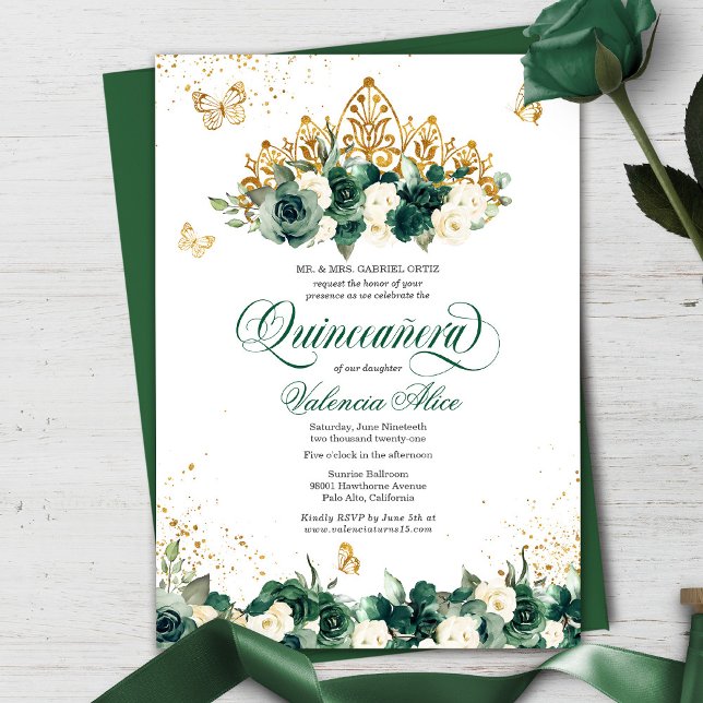 Emerald Green Floral Tiara + Butterfly Quinceanera Invitation (Creator Uploaded)
