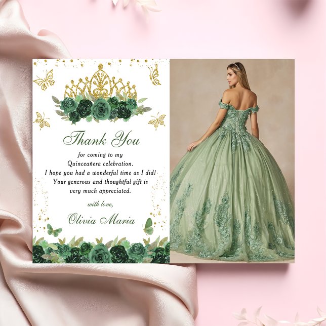 Emerald Green Floral Tiara Butterfly Quinceanera Invitation (Creator Uploaded)