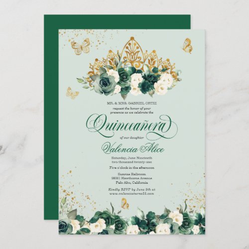 Emerald Green Floral Tiara  Butterfly Quinceanera Invitation