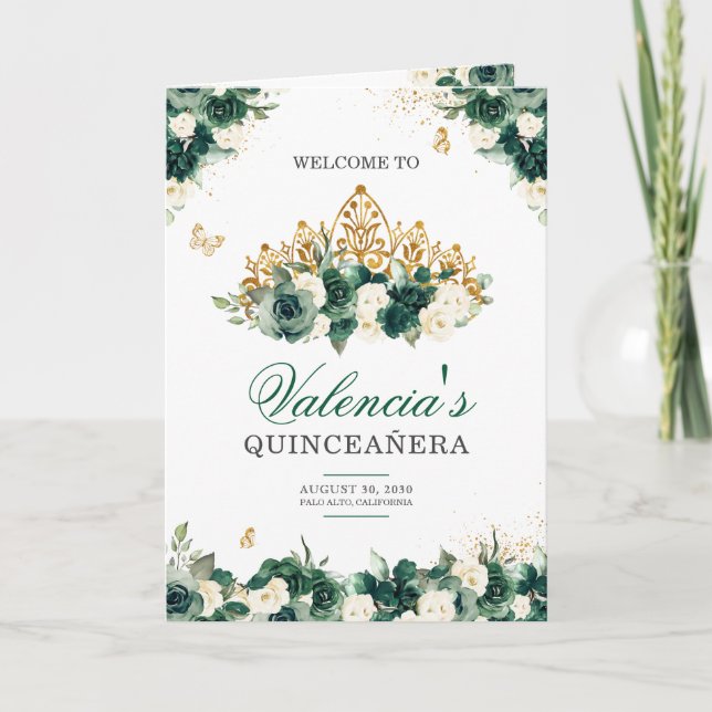 Emerald Green Floral Tiara Butterfly Quinceanera Program (Front)