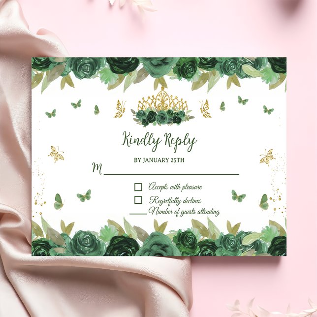 Emerald Green Floral Tiara + Butterfly Quinceanera RSVP Card (Creator Uploaded)