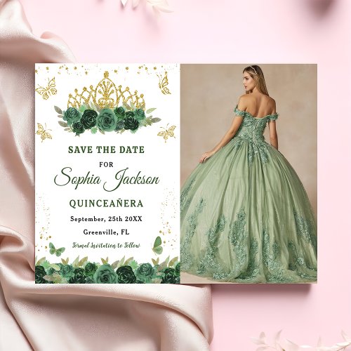 Emerald Green Floral Tiara Butterfly Quinceanera  Save The Date