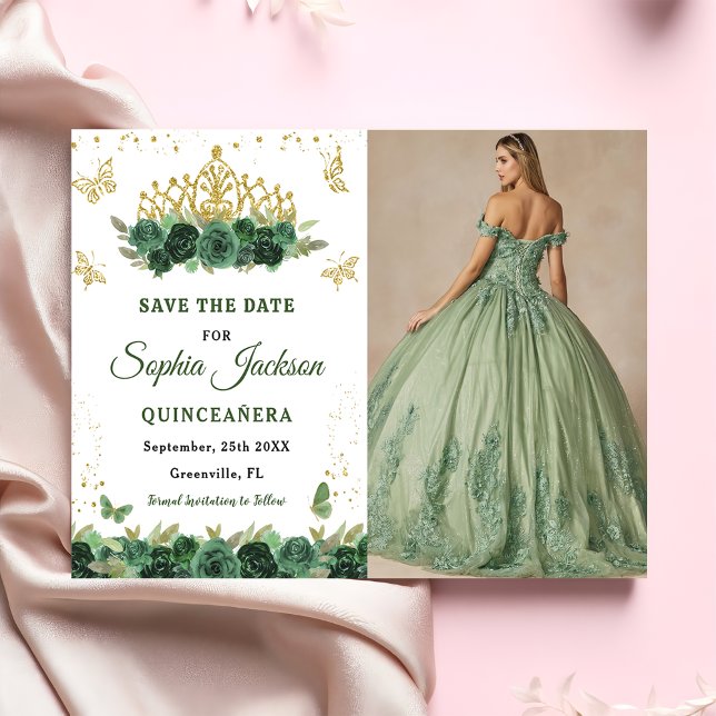Emerald Green Floral Tiara Butterfly Quinceanera  Save The Date (Creator Uploaded)