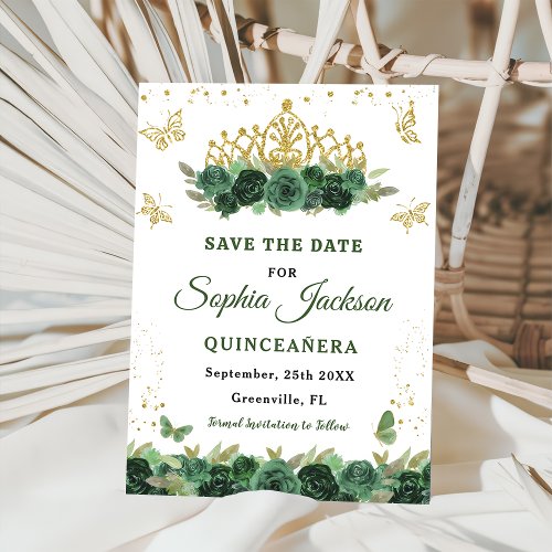 Emerald Green Floral Tiara Butterfly Quinceanera Save The Date