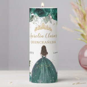 Emerald Green Floral Tiara Quinceañera Birthday Pillar Candle