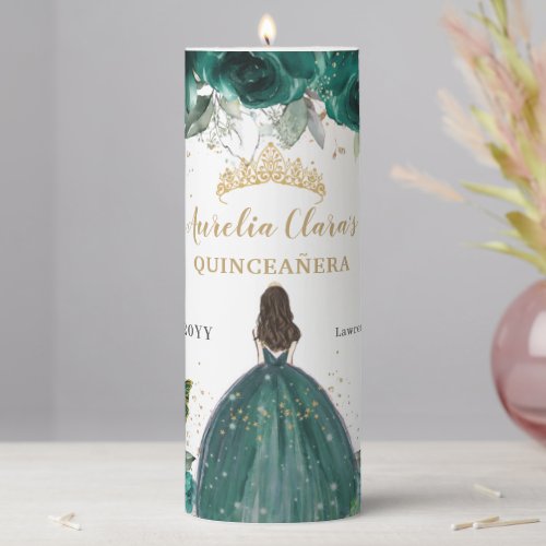 Emerald Green Floral Tiara Quinceaera Birthday Pillar Candle