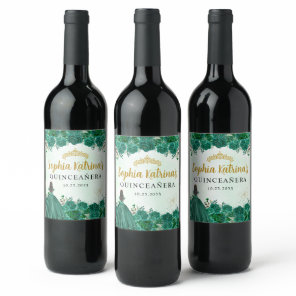Emerald Green Floral Tiara Quinceanera Birthday Wine Label