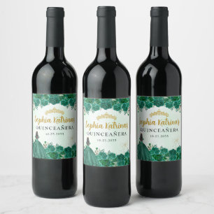Emerald Green Floral Tiara Quinceanera Birthday Wine Label