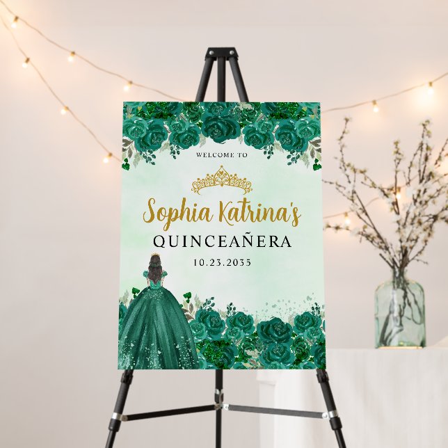 Emerald Green Floral Tiara Quinceanera Welcome Foam Board (In Situ (Stand))