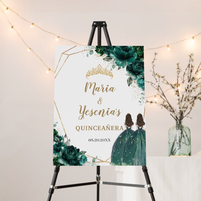 Emerald Green Floral Twins Quinceañera Welcome Foam Board (In Situ (Stand))