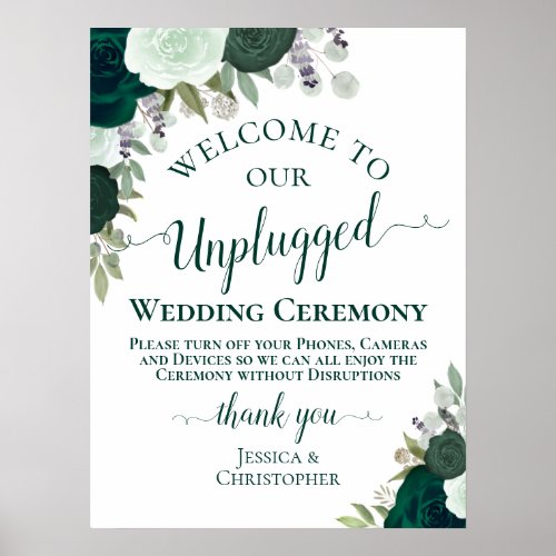 Emerald Green Floral Unplugged Wedding Ceremony Poster