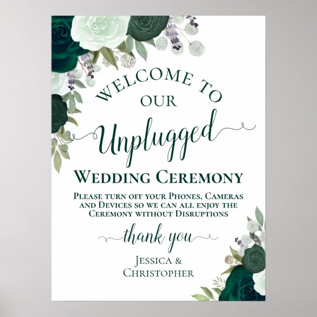 Emerald Green Floral Unplugged Wedding Ceremony Poster (Front)